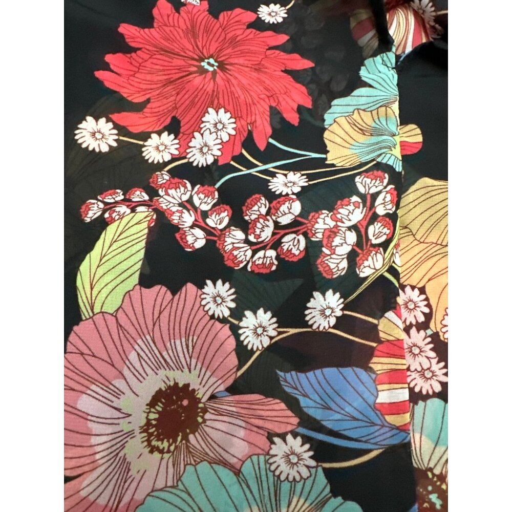 CCC Floral Sheer Black Print Tunic Cover Up V Neck Dolman Sleeves Resort Wear - Picture 7 of 7